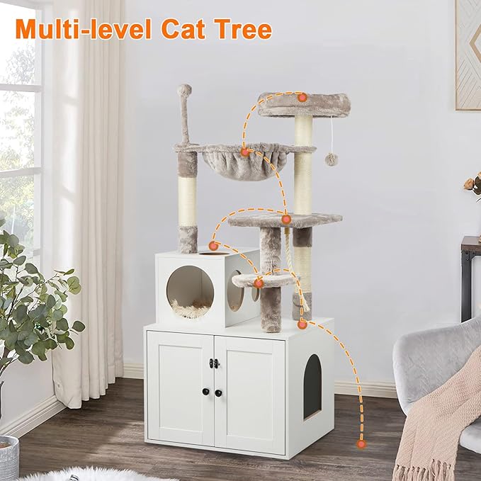 Timberer Cat Tree with Litter Box Enclosure, 2-in-1 Cat Tower for Indoor Cats, Large Wood Cat Condo with Basket, Scratching Posts, Pompoms, White