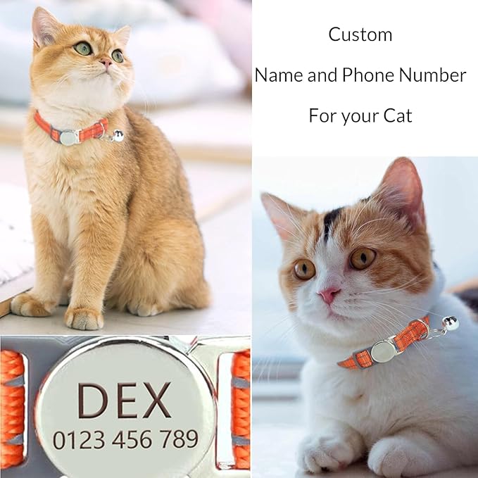 Custom Personalized Reflective Cat Collar with Bell - Engraved Pet Collar with Name & Number, Breakaway Safety Buckle, Adjustable for Cats/Kittens