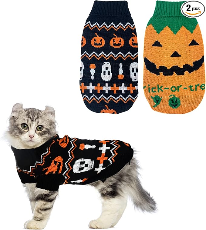 2Pcs Pet Halloween Sweaters Dog Halloween Pumpkin Sweater Kitten Cat Holiday Theme Turtleneck Knitwear Shirt with Pumpkin Skull Patterns Dog Puppy Halloween Costume Clothes for Small Dogs XS