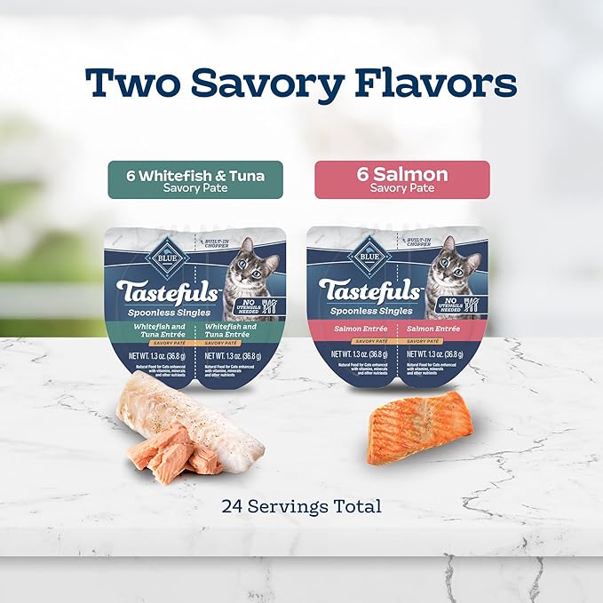 Blue Buffalo Tastefuls Spoonless Singles Variety Pack, Wet Cat Food Paté, 2.6-oz. Twin-Pack Trays, Whitefish/Tuna & Salmon Entreé (12 Count)