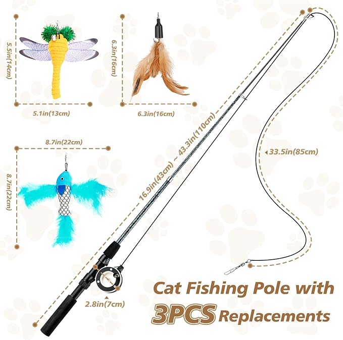 Pawaboo Cat Feather Toys, 4 Pack Interactive Cat feather Teaser Wand Toys, Retractable Fishing Pole Wand Catcher Exerciser with Refill Fish, Dragonfly Worm with Bells, Fun Cat Kitten Kitty Playing Toy