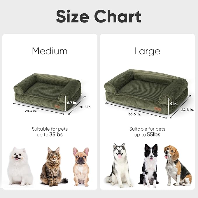 FUKUMARU Cute Dog Bed, Waterproof Corduroy Dogs Couch, 36in Orthopedic Pet Sofa for Medium to Large Dogs Dog, Warm Cotton Pet Bed with Washable Cover, Green