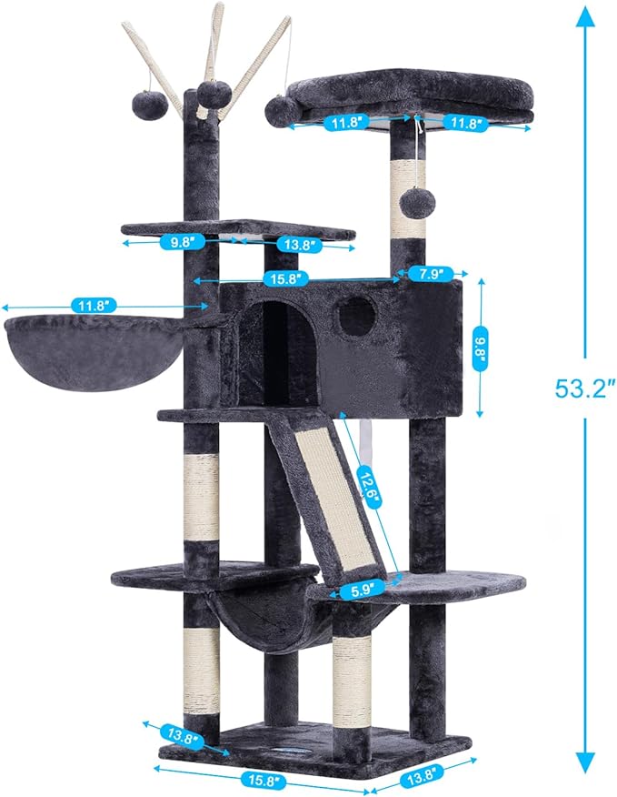 Hey-brother Cat Tree, 53 inch Cat Tower for Indoor Cats, Cat House with Padded Platform Bed, Toy Balls, Large Cozy Condo, Hammocks and Sisal Scratching Posts, Smoky Gray MPJ019-SG