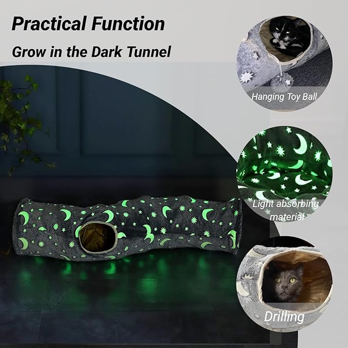Cat Tunnel Tube with Plush Ball Toys Collapsible Self-Luminous Photoluminescence, for Small Pets Bunny Rabbits, Kittens, Ferrets,Puppy and Dogs Grey Moon Star (S-Shape)