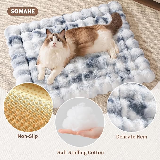SOMAHE Cat Bed, Plush Faux Fur Kneading Flat Mat - Machine Washable Fluffy Pet Bed for Indoor Cats, Non-Slip Small Kitten Bed, Therapeutic Knead Cat Mat for Couch & Window Sill, 23"×15" Inch, Blue