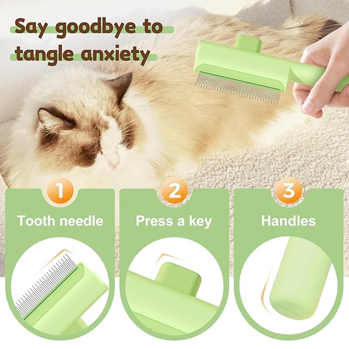 Pet Hair Removal Comb Flea Comb, 2025 Upgrade Cat Grooming Brush, Cat Brush with Release Button, De-Shedding Hair, Dog Grooming Supplies, Fine-Tooth Massage (White+Blue)