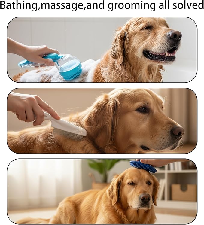 Pet Bath Brush,Dog Grooming Brush,Comes with Pet Grooming Comb and 2 Pcs Cat Scrubbers for Bath,2 in 1 Dog Bath Brush,Scrubber with Built-in Shampoo Dispenser
