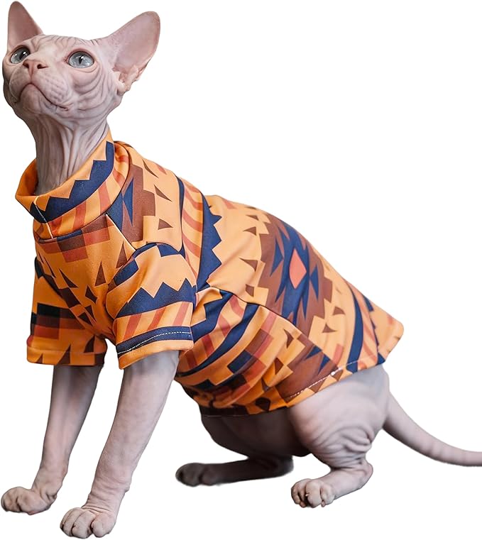 Sphynx Cat Clothes for Cats Only, Graphics Printed Hairless Sphinx Clothes T-Shirts Sweatshirt with Sleeves, Soft Kitten Shirt Pet Apparel Devon Rex,Cornish Rex,Peterbald,Orange,XL