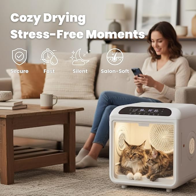 Cat Dryer Pet Dryer Box Dog Drying Machine – Quick & Comfortable Drying with 20 Air Vents, Low Noise, Gentle Fur Care, Smart App & Safety Features, All-Season Grooming