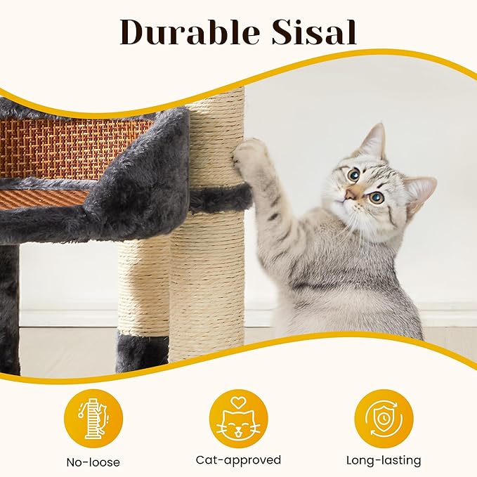 Fansafurn Multi-Level Cat Tree for Indoor Cats, Modern Cat Tower with Double Beds & Scratching Posts, 27 in Cute Cat Tree for Large Cats and Kitten, Small Cat Climbing Tower with Hanging Toys, Grey