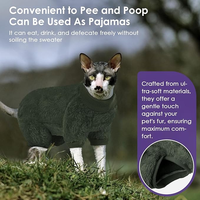 Sphynx Hairless Cat Sweater, Full Body Warm Fleece Sweaters with Sleeves for Cats, Soft Turtleneck Cat Clothes, Cozy Pullover Pajamas for Hairless Cats Devon, Donskoy, Army Green S