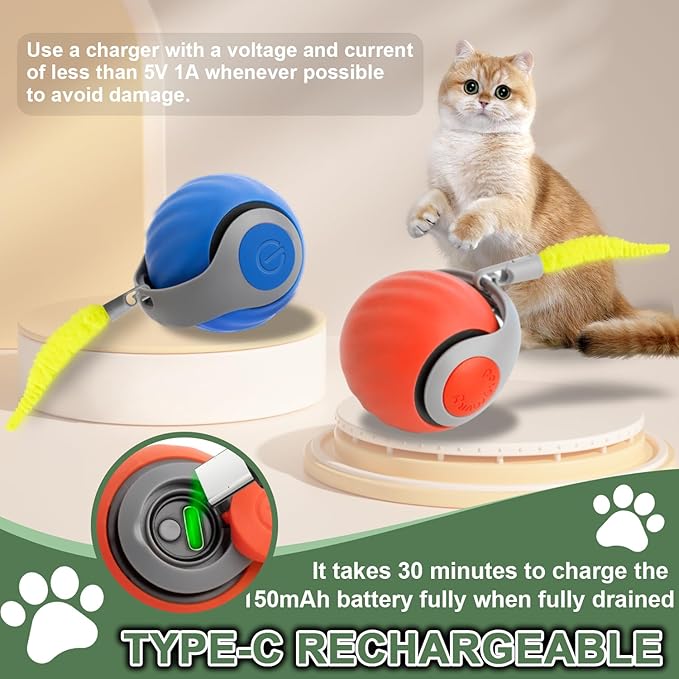 Speedy Cat Tail Toy 2.0,USB Rechargeable Smart Interactive Cat Ball,Automatic Moving Ball Toy for Indoor Cats, Replaceable Tail（2PCS）