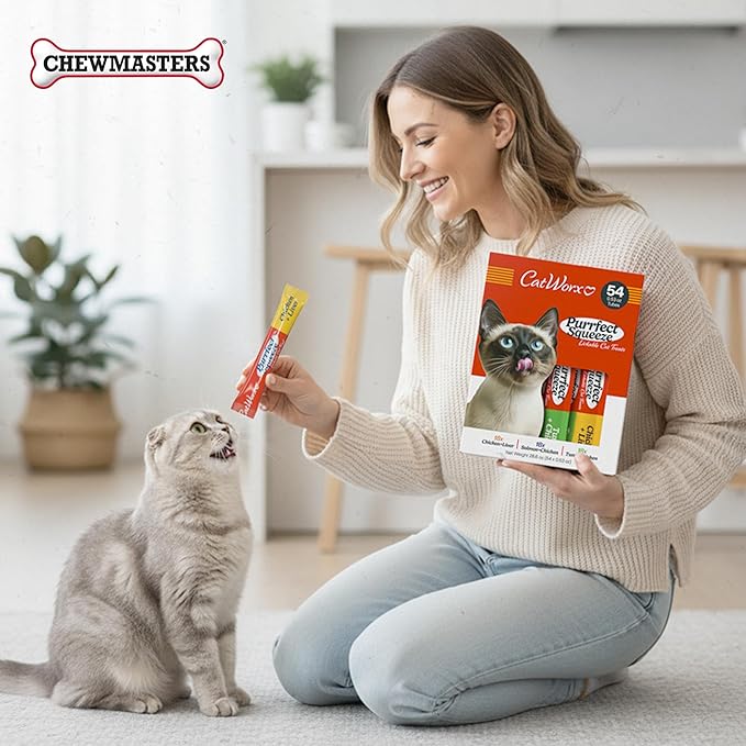 Catworx by Chewmasters Purrfect Squeeze Lickable Soft Cat Treats, 54 Pack - Creamy Purée Squeeze Tubes for Kittens and Adult Cats - Hand Feeding Snack or Food Topper - Training Reward, 0.53 Ounce