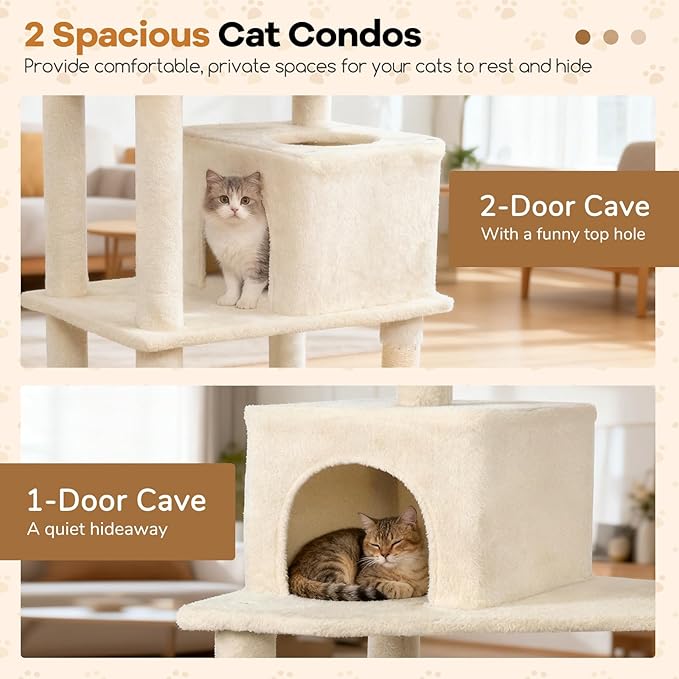 DORTALA 75" Tall Modern Cat Tree, Multi-Level Cat Tower with Large Condos, Sisal Scratching Posts, Top Perch, Hammock, Dangling Balls, Kitten Beds & Climbing Furniture for Indoor Cats (Beige)