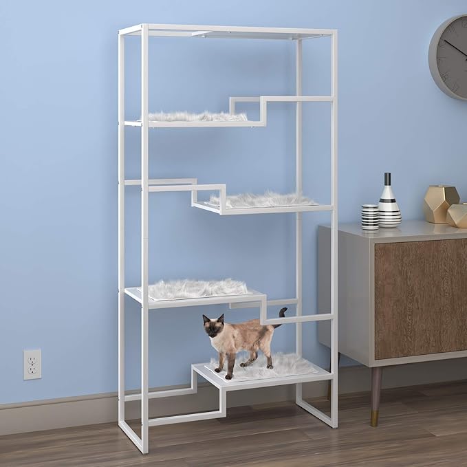 The Refined Feline 62 Inch Tall Metropolitan Cat Condo, White Metal Frame Cat Tower, Multi-Level Modern Cat Tree for Indoor Cats, White Platforms with Faux Fur Replaceable Cushions