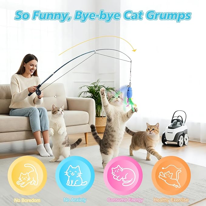 Pawaboo Cat Teaser Wand Toys, Cat Fishing Pole Toy with 3 Pack Feather Refills, 3-Section Retractable Kitten Feather Toys with Pulley, Indoor Cats Teaser Catcher Exerciser with Bell, Blue
