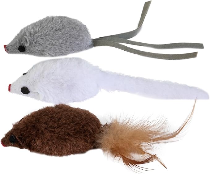 Pet Zone Three Carded Mice Cat Toy Pack of 3 | Multi-Textured Feathered Mouse Toys for Cats | Interactive Hunting Toys for Batting, Chasing & Exercise