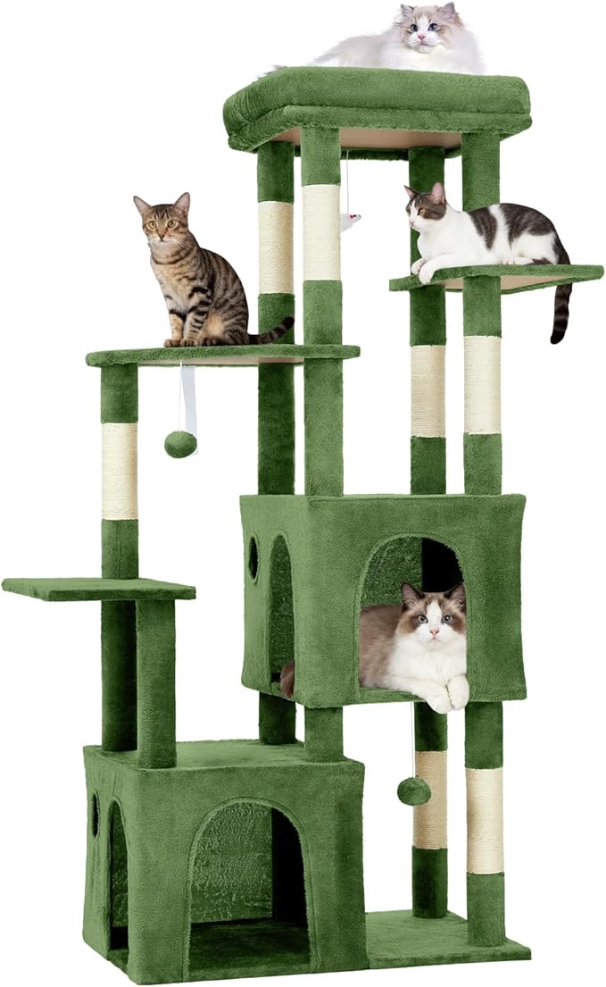 61.4 Inch Cat Tree, Large Cat Tower with Sisal Scratching Posts, 2 Spacious Cat Beds, Hanging Ball & Top Perch, Ideal for Large Indoor Adult Cats, Green