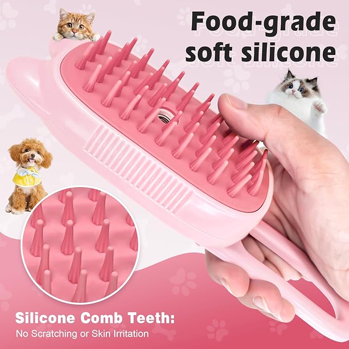 Pet Steam Brush for Dogs and Cats, Spritz Defur Comb 3 in 1 Pet Rechargeable Steam Brush Tool for Long and Short Haired Cats and Dogs, Anti-Static, Shedding, Detangling, Massage & Combing (pink)
