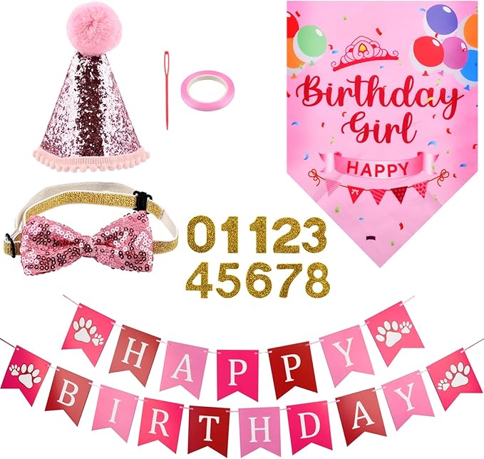 Cat Birthday Party Supplies, Adjustable Cat Birthday Hat with Numbers, Bandana, Bow Tie, Banner for Cat Kittens Decorations, Fun Pet Celebration Kit(Color:Pink)