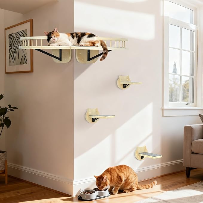 Cat Wall Shelves Furniture Set with Scratching Pad，Wooden Cat Climbing Wall Systems with 2 Perches and 3 Steps, Floating Shelves Bed Wall Mounted for Indoor Fit Up to 15Lbs (Burlywood)
