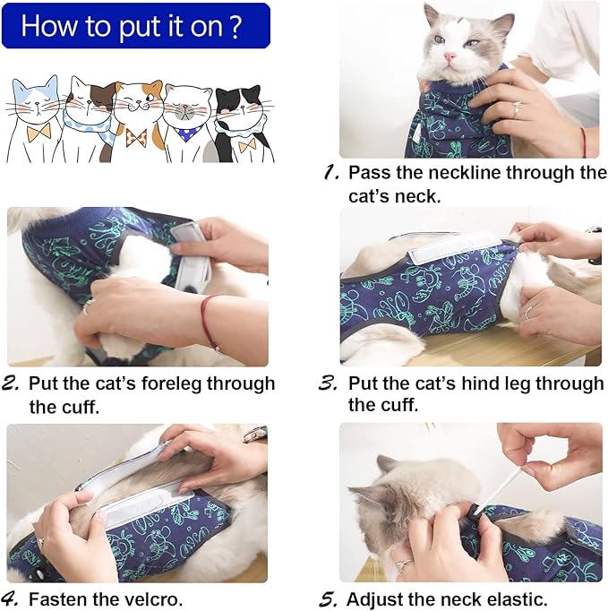 kzrfojy Cat Surgery Recovery Suit Cat Onesie for Cats After Surgery for Surgical Abdominal Wound Or Skin Diseases E-Collar Alternative Wear Neutering Bodysuit Wear (Dark-Blue-L)