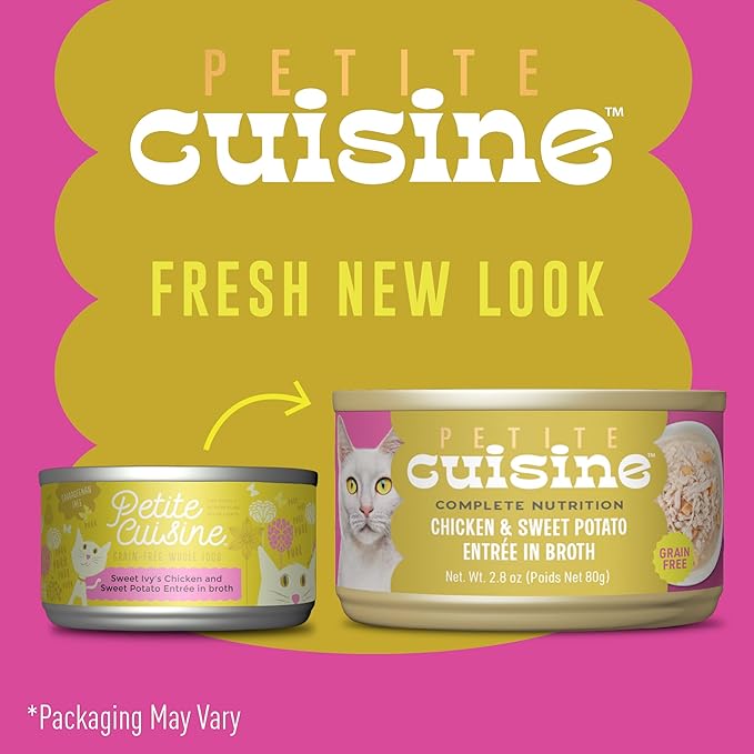 PETITE CUISINE Whole Foods Wet Cat Food, Chicken & Sweet Potato Entree in Broth, 2.8 oz. Can (24 Count)