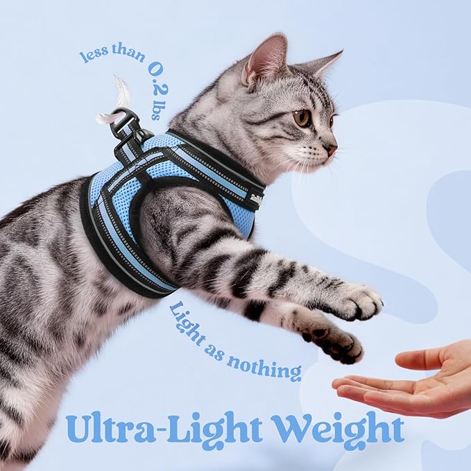 rabbitgoo Cat Harness and Leash Set for Walking Escape Proof, Adjustable Soft Kittens Vest with Reflective Strip for Cats, Comfortable Outdoor Vest, Light Blue, M