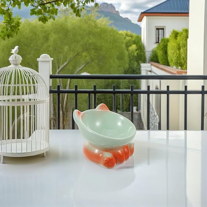 Kisangel Elevated Porcelain Cat Food Bowl with Tilted Design, Raised Ceramic Pet Slow Feeder Dish for Kittens and Small Dogs, Whisker-Friendly Raised Bowl for Feeding and Watering