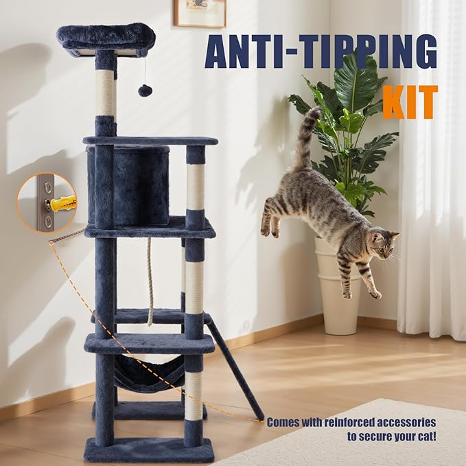 DUMOS 63 Inch Cat Tree Tower, Large Multi Level Cat Climbing Tower with Condo, Natural Sisal Scratching Posts, Extended Platform, Hammock, Pet House for Indoor Cats and Kittens Play, Dark Grey