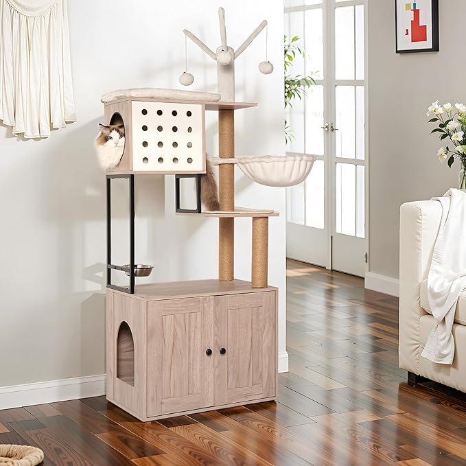 Modern Cat Tree Condo Tower Cat House Washroom Furniture Litter Box Enclosure with Scratching Posts, Hammock, Feeding Bowl & Removable Pompom Sticks, White+Gray (23.60" Lx17.70 Wx63.00 H)