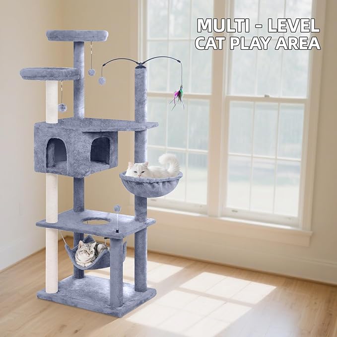 AIWIKIDE Big Cat Tree, Cat Tower with Multi-Level Condo, Hammocks, Rotating Toy (Grey, 70'')