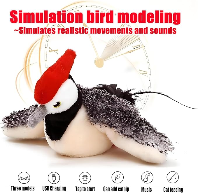 Dumwick 2026 Upgrade Interactive Chirping Bird Cat Toy,Flapping Wingss with Realistic Sounds,Simulated Chirping Bird Cat Toy for Indoor Play and Exercise (Woodpecker 1pcs)