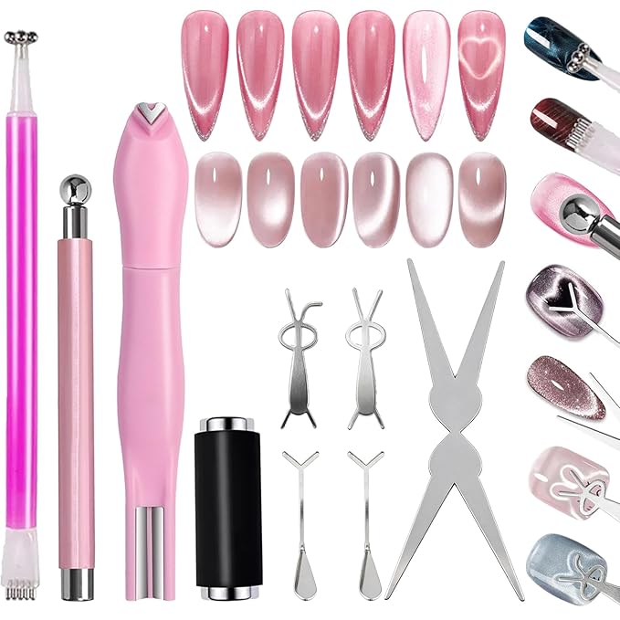9pcs Cat Eye Magnet Set, 3-in-1 Heart Magnet for Nails, Strong Cylindrical Magnet with Scissor-Shaped/Y-Shaped Brackets/Bunny-Shaped Plates for French Heart Bunny Cat Eye Nail Art Effect
