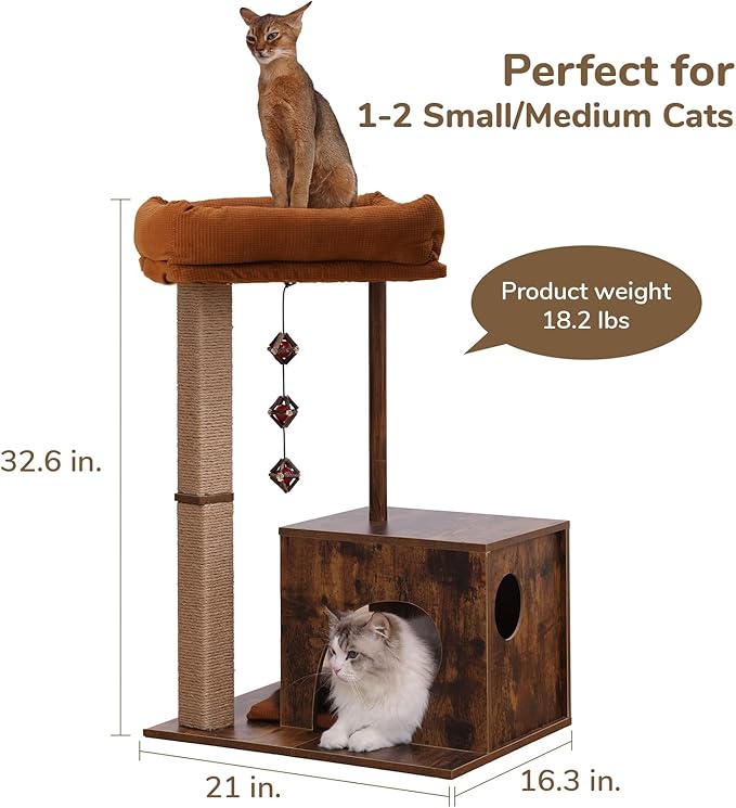 FUKUMARU Cat Scratching Post, Modern Style Cat Tree with Unique Square Post, Wooden Cat Tower with silvervine Balls, Retro Cat Brown Condo Scratcher for Indoor Cats（Solid Wood）