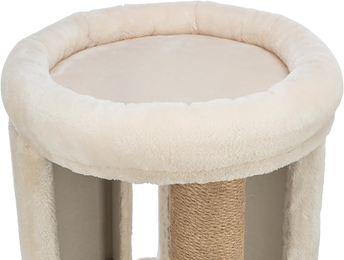 Trixie Giorgia Cat Tower, Combo Plush & Jute Covered Surfaces, Scratching Posts, Indoor Cat Condo with Padded Bed, Beige, 15.7" x 15.7" x 32.3"