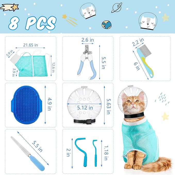 8 Pcs Cat Muzzle Set with Adjustable Cat Bathing Bag Breathable Clear Muzzle Pet Grooming Brush Tick Remover Tool Nail Clipper Nail File for Dog, Bunny Cleaning Trimming(L Size,Blue)