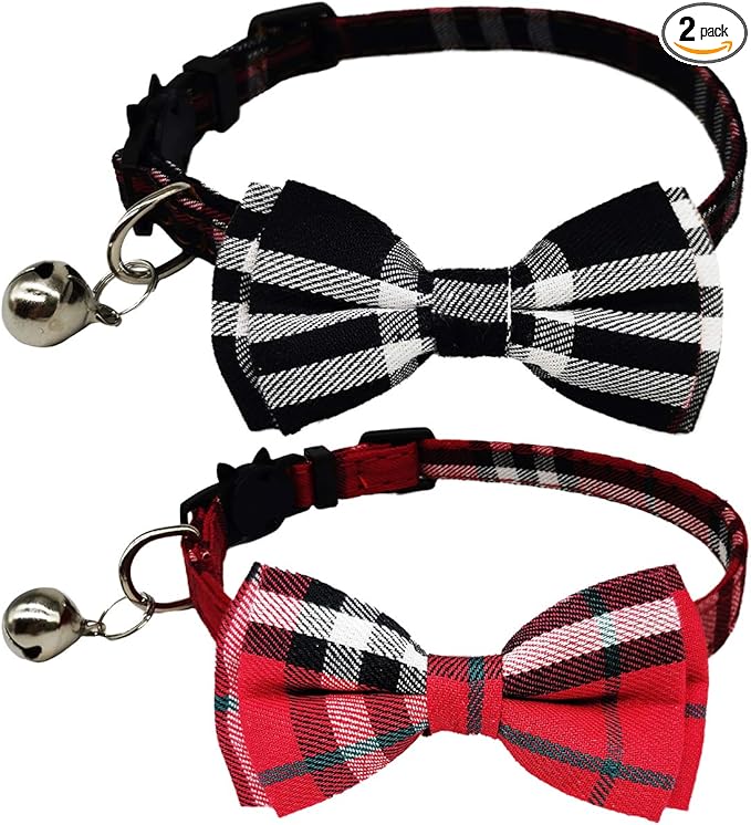 2 Pack/Set Cat Collar Breakaway with Cute Bow Tie and Bell for Kitty and Some Puppies, Adjustable from 7.8-10.5 Inch (Red+Black, Plaid)