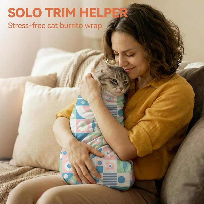 BFNN Cat Grooming Wrap for Cutting Nails, 31.5" Anti-Escape Calming Cat Swaddle Wrap for Medicine, Nail Clipping, Teeth Brushing, Ear Cleaning, Self-Adherent Burrito Restraint, (Geometric Fish, XL)