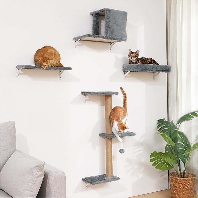 FUKUMARU Cat Wall Shelves, Stable & Safe 4 in 1 Cat Walls Furniture Set, Wooden Kitten Climbing Wall with Scratching Post for 16 Inch Drywall - Beige