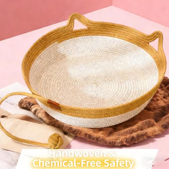 Large Stimulicat Cat Bed Rope Cotton with Cushion, Eliminates Bed Rejection Round Pet Basket, Boho Catbed for Cats Handwoven Scratchable Breathable Weave