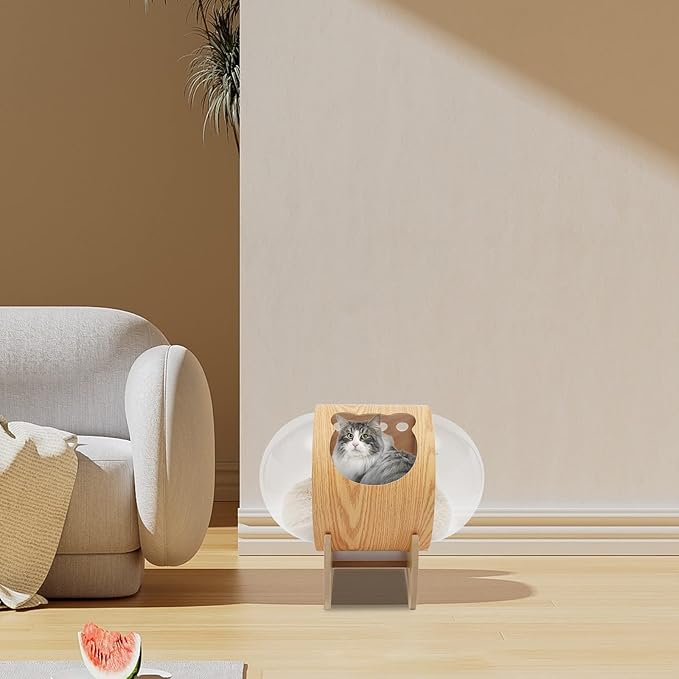 Space Capsule Cat House, Cat Dog Wooden Modern Pet Bed with Cushion, Cats Nest & Kennel Wooden Furniture for About 8.5kg/18.74lbs Cats