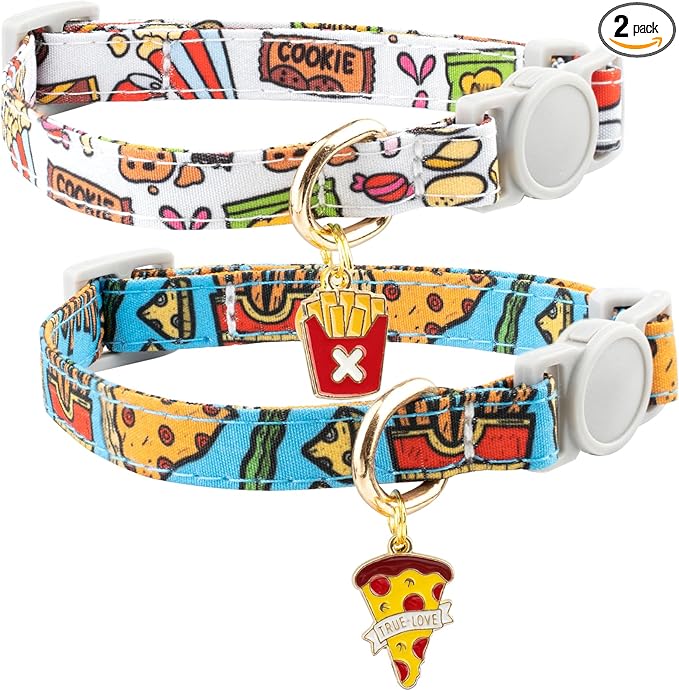Faygarsle 2 Pack Breakaway Cat Collar with Bells for Female Malel Cats Cute Blue White Collar with Pizza Fries Charm for Cats