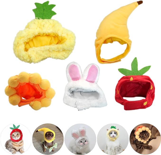 5 Pieces Cat Hat Adorable Cat Costume Outfit Bunny Hat with Ears Funny Mane Hat for Cats and Small Dogs Party Costume Accessory Headwear (Pineapple-Sunflower-Banana-Strawberry-Rabbit)-Not for Children