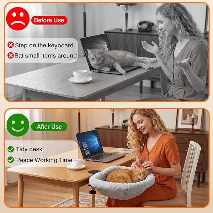 Cat Desk Bed - One-Click Folding Space-Saving Design, Cat Bed for Desk with Soft Faux Rabbit Fur Cover & Breathable Mesh Fabric, Cat Hammock Supports up to 66 lbs, Remote Workers Home Gaming
