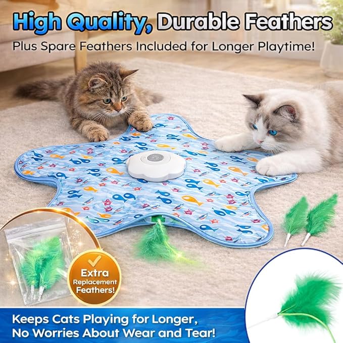 Rotating Interactive Cat Toys with Squeaker for Interactive Playing, Anxiety Relief Boredom Rechargeable Automatic Moving Concealed Feathers Toys Touch Activated for Indoor Adult Cats and Kittens