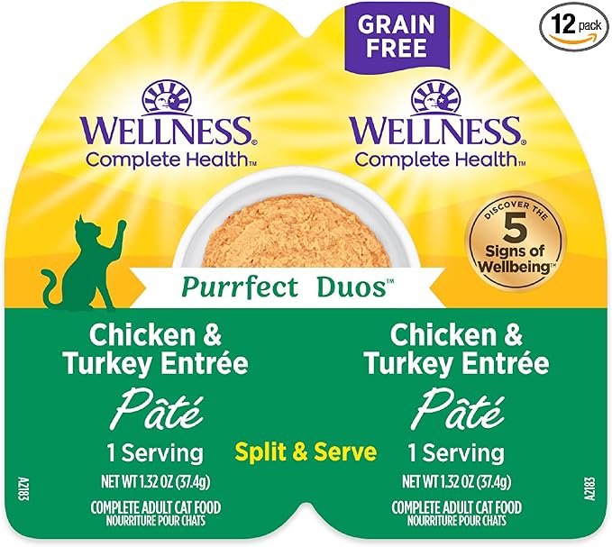 Wellness Complete Health Purrfect Duos Pate Adult Wet Cat Food, Natural, Protein Rich, Grain Free, Chicken and Turkey Entrée Recipe, 2.64 oz, Pack of 12 Split Cups
