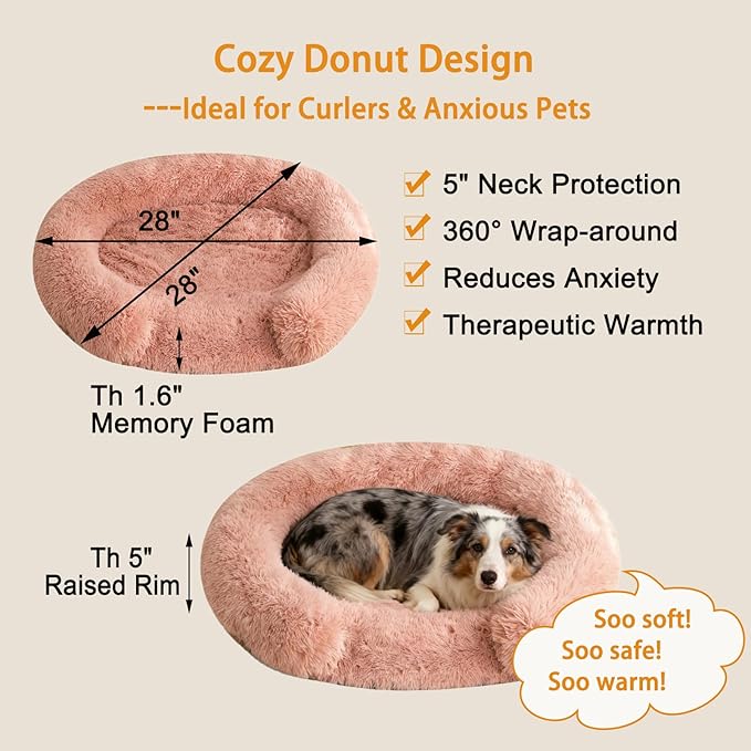Calming Dog & Cat Beds with Orthopedic Egg-Crate Foam Raised Rim, Soft Long Plush Pet Sofa Couch Bed for Medium Dogs, Anxiety Relief Spine Support, Machine Washable (Round, Blush Pink 28")