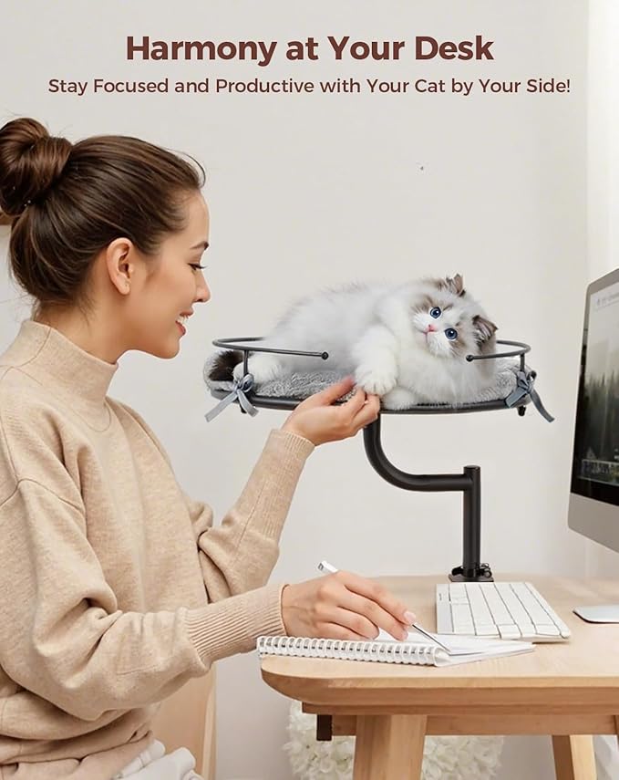 Cat Desk Bed, 360°Rotation & Height Adjustable Cat Bed for Desk Holds up to 40lbs, Machine-Washable Plush Cover