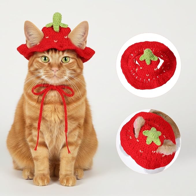 2Pcs Hat for Cat, Cat Hats for Cats Only Cotton & Soft Cute Knitted Hats Cats Apparel for Birthday Party Christmas Easter Travel Clothes Accessories (Strawberry and Flower)